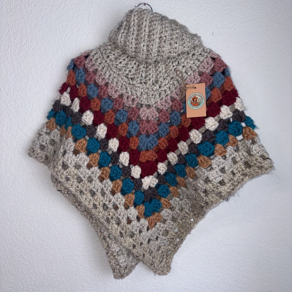 Hand Crochet Knit Wool Blend Campfire Poncho Retro Bohemian Onesize Handmade